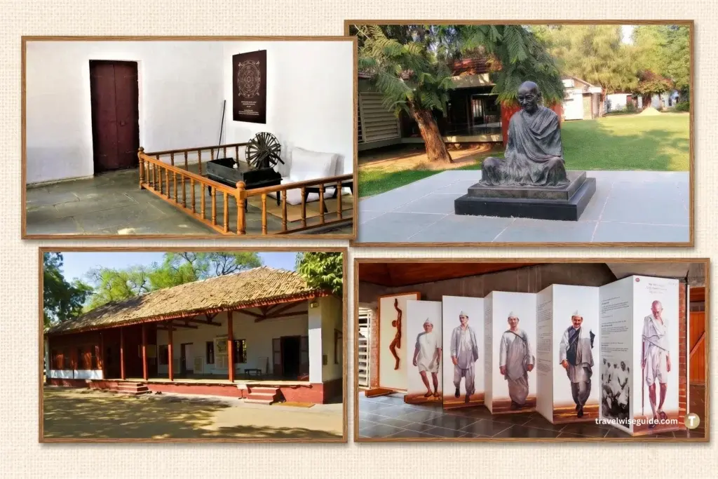 Sabarmati Ashram Through Historic Spaces Sabarmati Ashram collage featuring Gandhi statue, museum gallery, house and spinning wheel