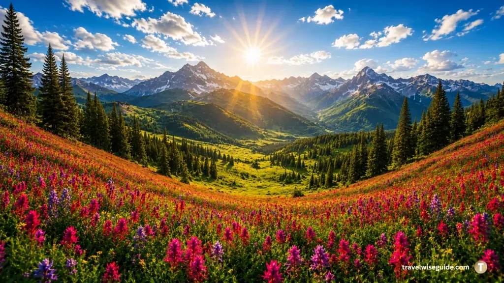 Valley Of Flowers Summer Bloom Spectacle Valley of Flowers colourful wildflowers beneath towering mountains and bright sunshine landscape
