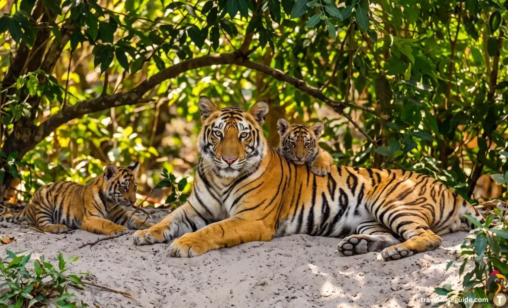 Bandhavgarh National Park – A Glimpse Of The Wild Bandhavgarh National Park tiger with two cubs resting on sandy forest ground