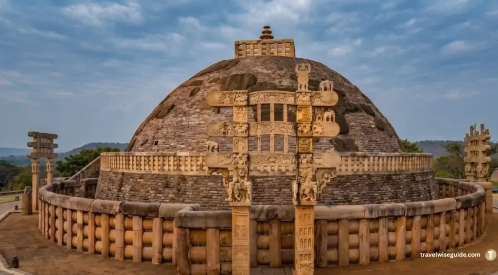 Sanchi Stupa – Gateway To Timeless Heritage Sanchi Stupa with carved stone gateway beneath cloudy sky in Madhya Pradesh