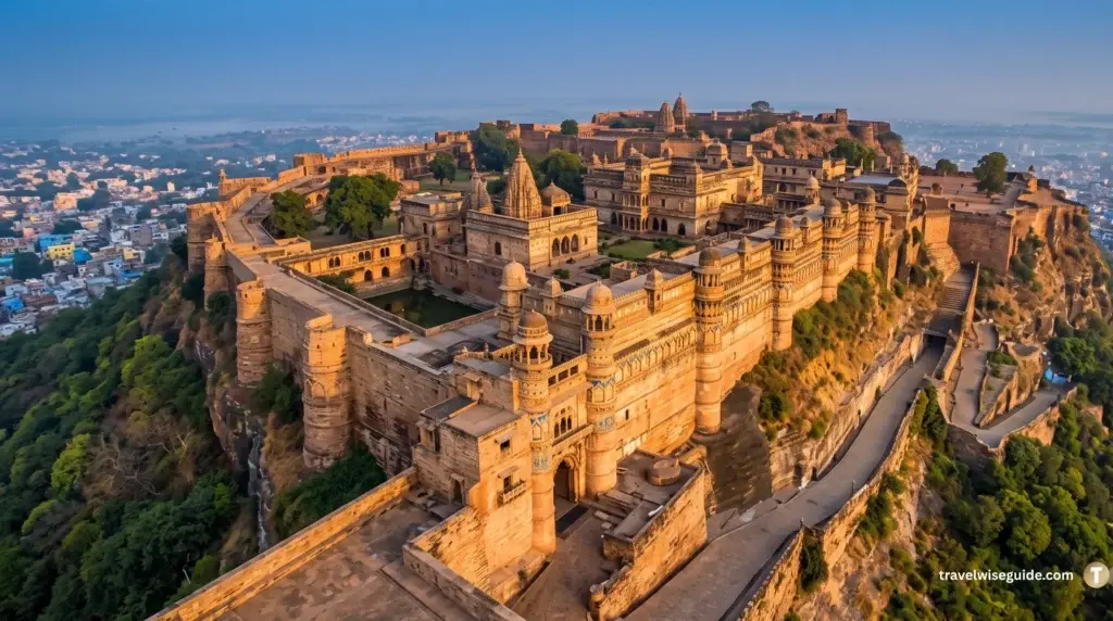 Gwalior Fort – Crown Of Central India Gwalior Fort overlooking city with grand palace walls and hilltop surroundings aerial