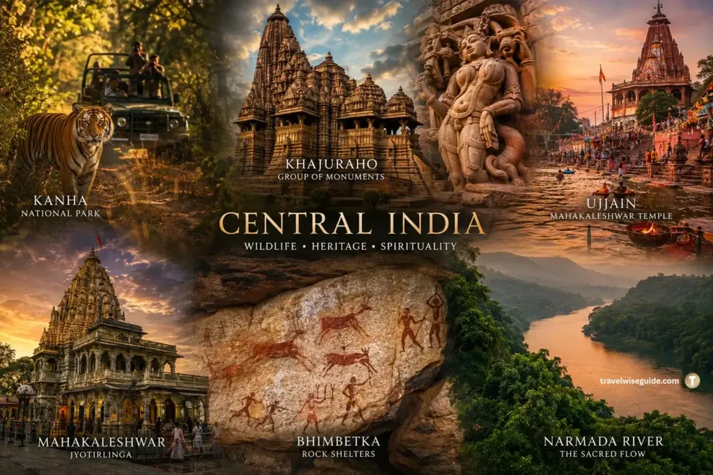Central India: A Journey Through Timeless Wonders Central India collage featuring tiger, temple, river, heritage landmarks and scenes.