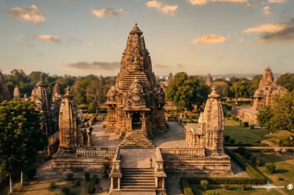 Khajuraho Group Of Monuments Artistic Heritage Captured Lakshman temple Khajuraho elevated view showing stone towers in travel guide.