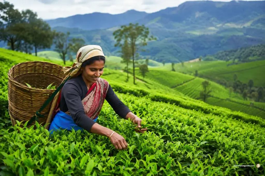 Munnar Tea Gardens Full Of Green Charm Munnar green tea bushes with tea picker and woven basket