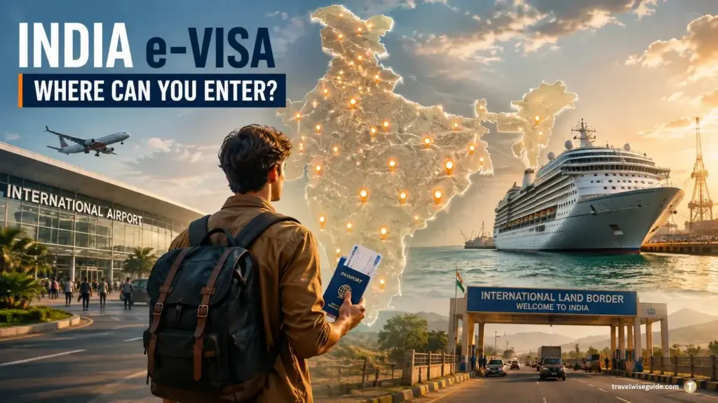 India E-Visa: Discover Authorised Arrival Gateways India e visa map showing illuminated pins and border types.