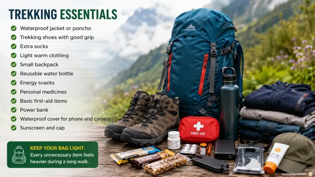 Trekking Essentials For A Comfortable Adventure Trekking essentials showing backpack boots first-aid kit clothing snacks nearby