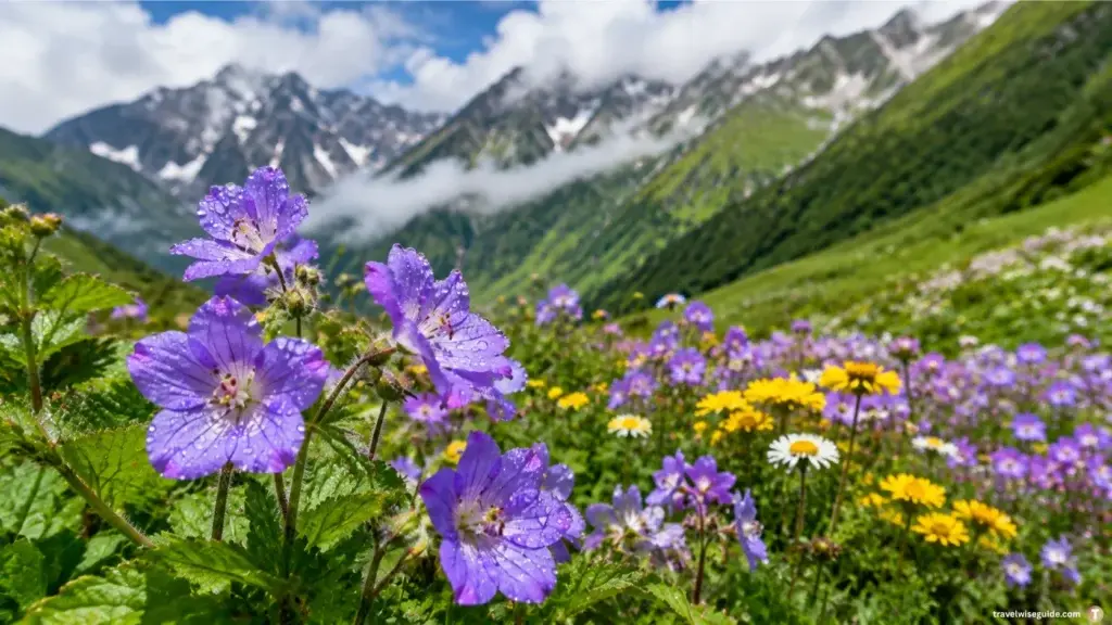 Valley Of Flowers Nature At Its Finest Valley of Flowers purple and yellow blooms beneath misty mountains
