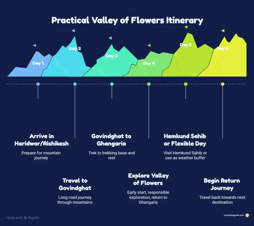 Valley Of Flowers Six-Day Travel Plan Valley of Flowers itinerary timeline showing six travel days