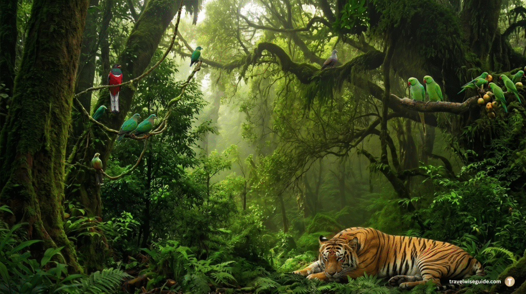 Bhadra Tiger Reserve: Unspoilt Wilderness And Peaceful Birdlife Bhadra Tiger Reserve tiger lying under birds in green rainforest