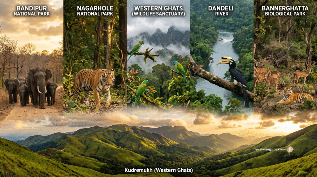 Karnataka Sanctuaries: Discover The Ultimate Safari Wonders Karnataka wildlife collage showing elephants, tiger, birds, and green hills