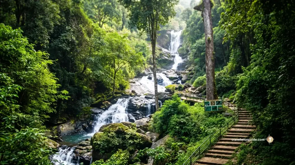 Iruppu Waterfalls: A Breathtaking Jungle Escape Iruppu waterfalls flowing over tiered rocks near a stepped pathway.