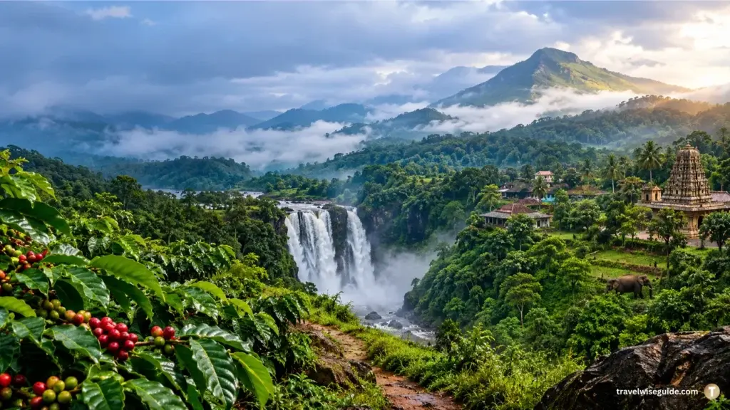 Karnataka: Discover The Ultimate Nature Paradise Karnataka scenery showing a waterfall, coffee plant, and distant temple.