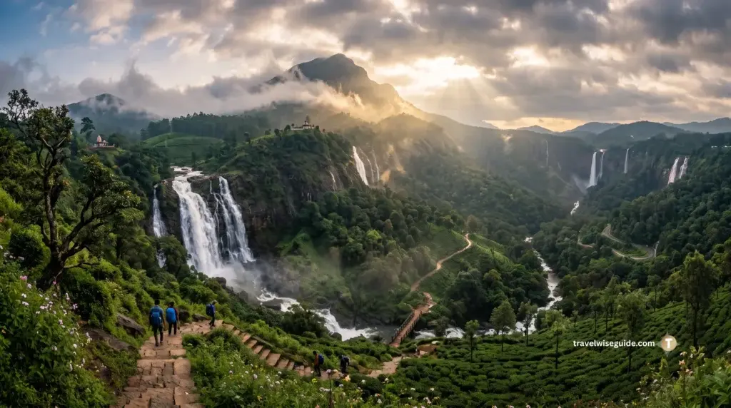 Chikmagalur: Nature's Breathtaking Masterpiece Chikmagalur hills feature large waterfall and terraced tea gardens with trekkers.