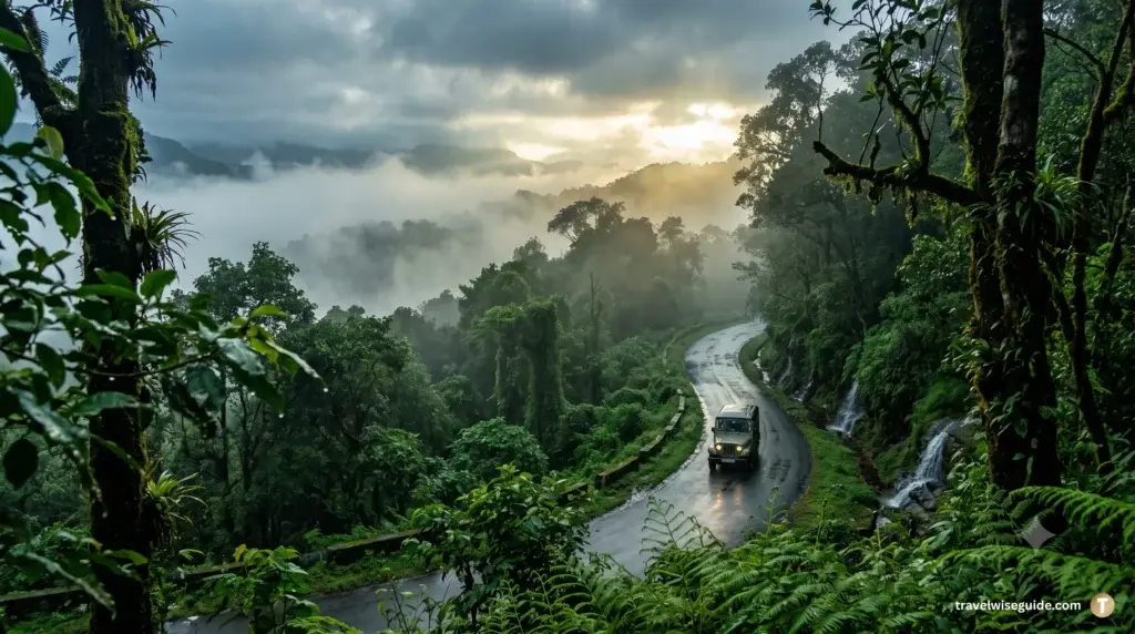 Agumbe: The Cherrapunji of the South Beckons vehicle on winding wet road through misty Agumbe rainforest