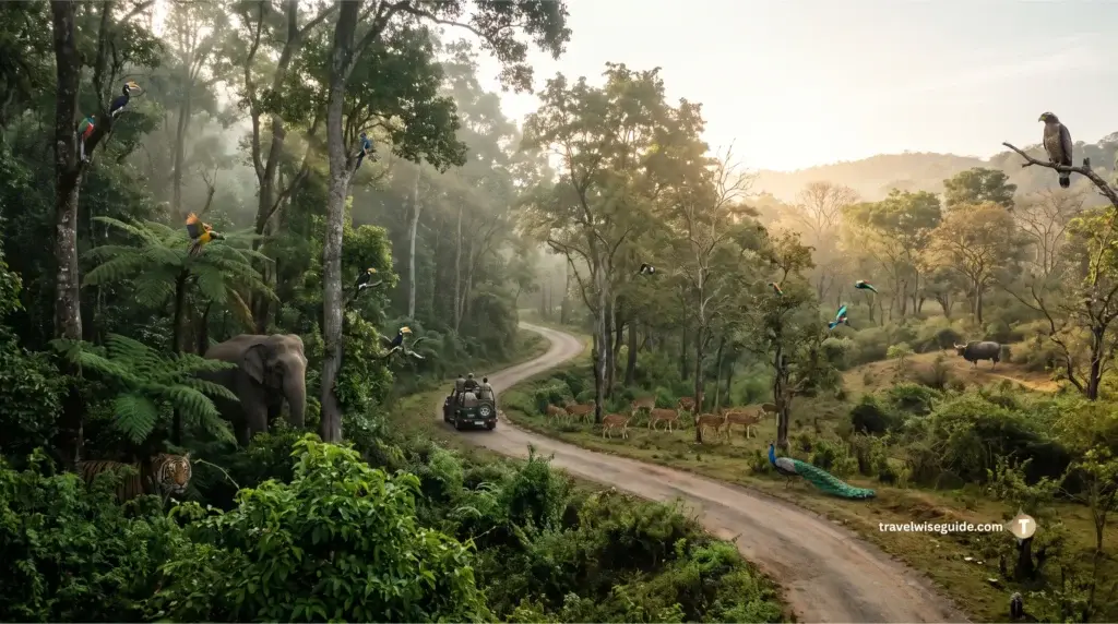 Karnataka: Experience The Ultimate Safari Adventure Karnataka wildlife featuring a safari jeep passing elephant and deer.