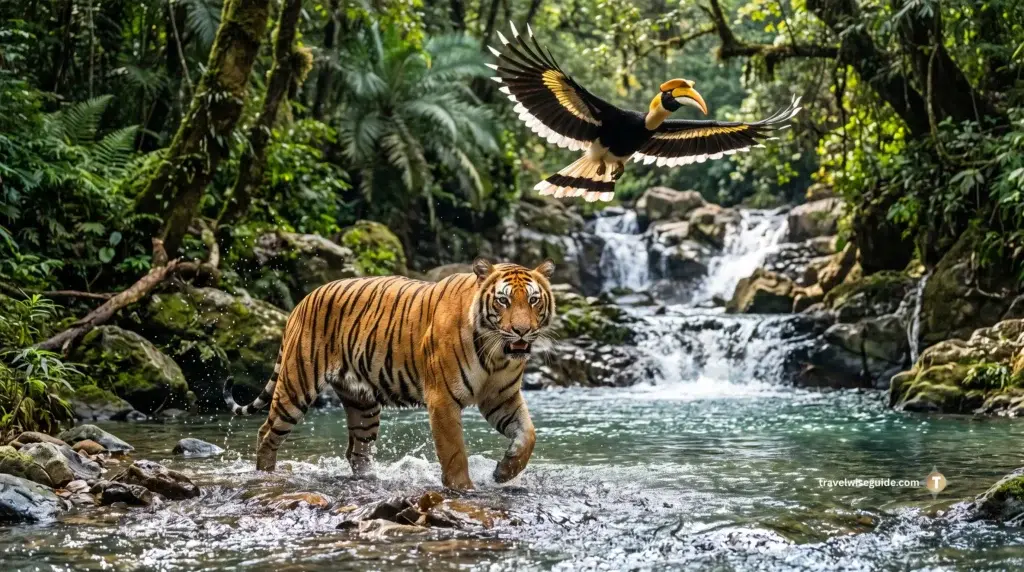 Kali Tiger Reserve: Untamed Wilderness Awaits Kali Tiger Reserve Bengal tiger wading through shallow forest river.