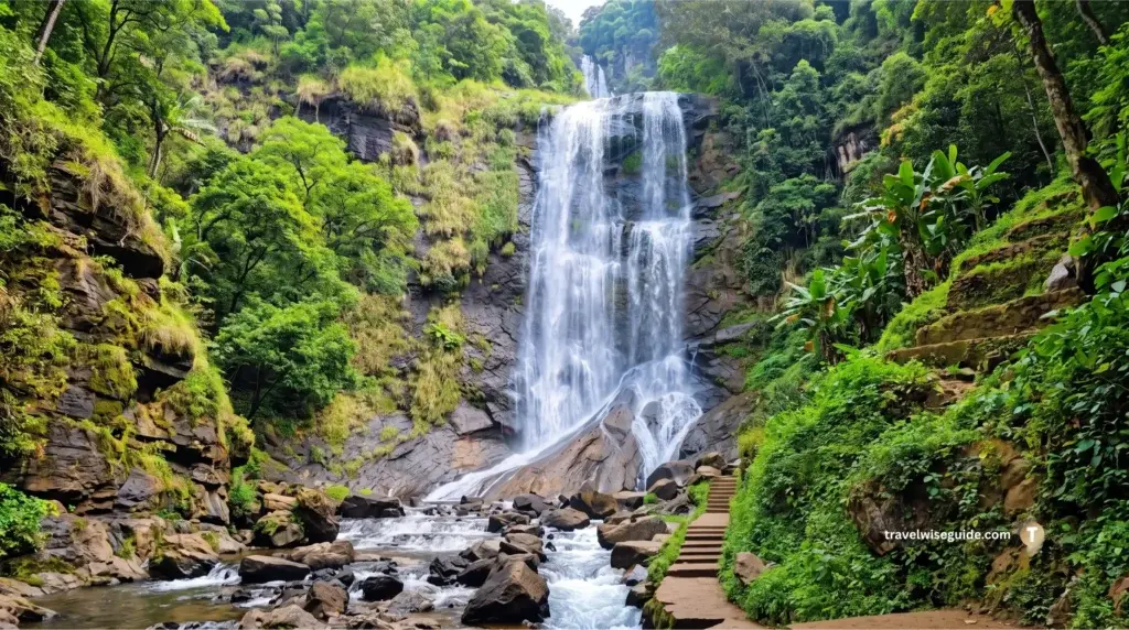 Chikmagalur: Discover Nature's Hidden Paradise Hebbe Waterfalls cascading down a rocky cliff face amidst greenery.