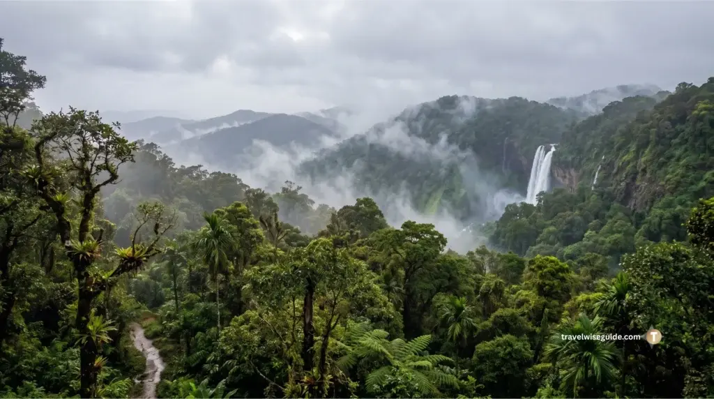 Agumbe Rainforest: Untamed Wilderness of the Western Ghats Agumbe rainforest canopy shrouded in mist beside a distant cascading waterfall.