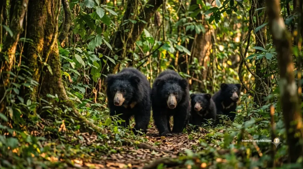 Daroji Sloth Bear Sanctuary: Rare Wilderness Sighting Daroji Sloth Bear Sanctuary bears with cubs in dense woodland.