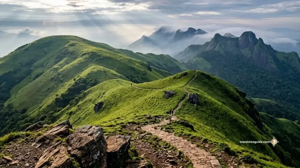 Mullayanagiri Peak: Conquering Karnataka’s Highest Summit Mullayanagiri trek stone path winding across green hills towards ridge.
