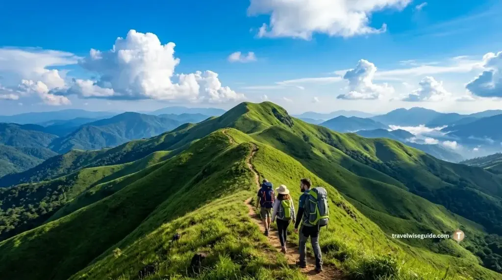 Kumara Parvatha Trek: An Epic Hiker's Paradise Hiking group on Kumara Parvatha ridge trail in bright sun.