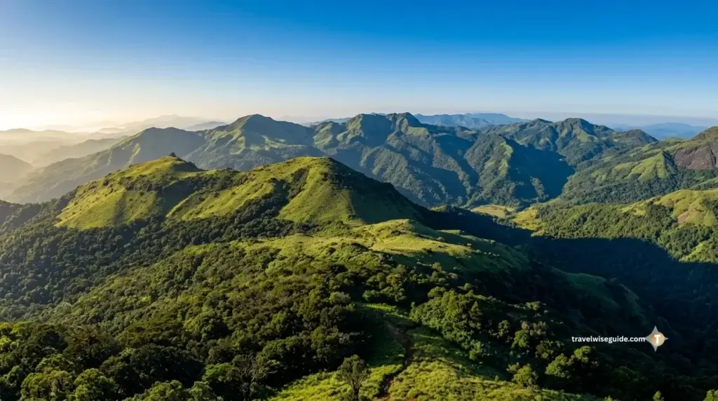 Tadiandamol: Embarking on Coorg's Highest Wild Adventure Tadiandamol trail ridge overlooking lush green sunlit Western Ghats mountains.