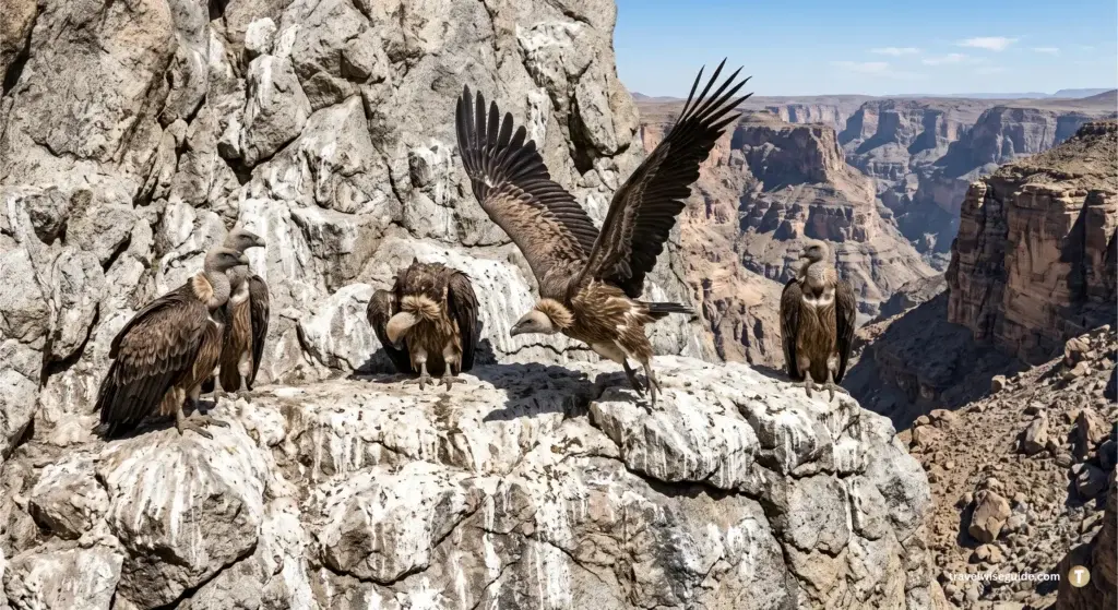 Ramadevara Betta: Haven for India's Majestic Raptors Ramadevara Betta vultures perched on rocky cliff with white droppings.