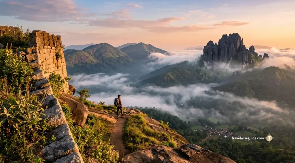Trekking In Karnataka: Experience A Breathtaking Mountain Adventure Trekking in Karnataka showing a lone hiker on misty fort ruins.