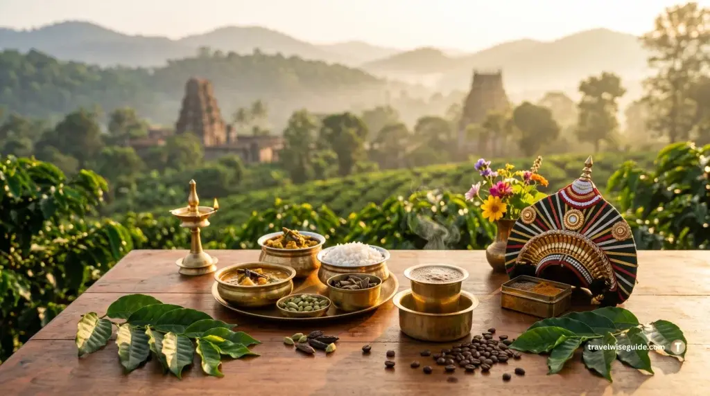Karnataka Heritage: A Feast for the Senses Karnataka traditional food and an array of objects arranged with a panoramic coffee plantation background view.