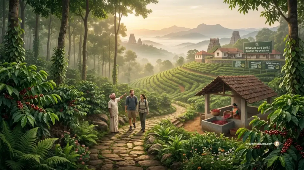 Karnataka: The Birthplace of Indian Coffee Heritage Karnataka coffee landscape with tourists walking past a research centre.