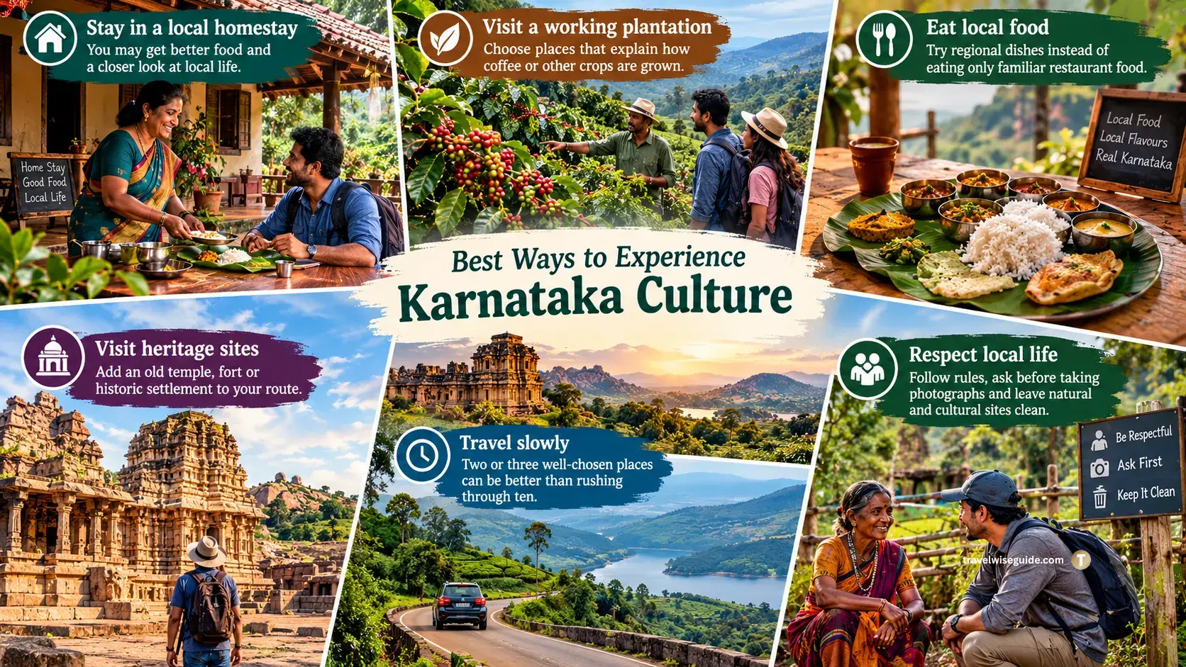 Karnataka: The Authentic Cultured Traveller's Guide Best ways to experience Karnataka culture collage, including homestay life and coffee farm.